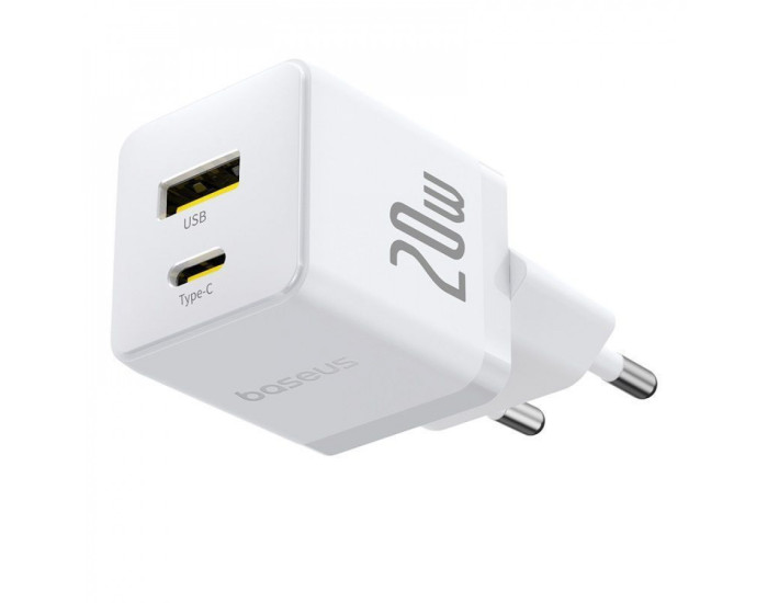 Мережеве зарядний пристрій Baseus Palm C+U 20W + Cable Type-C to Type-C (P10111608213-01) біле