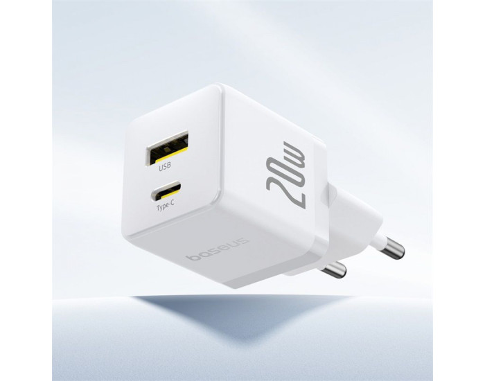 Мережеве зарядний пристрій Baseus Palm C+U 20W + Cable Type-C to Type-C (P10111608213-01) біле