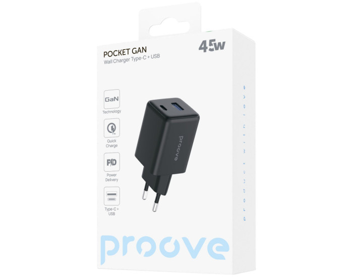 Сетевое зарядное устройство Proove Pocket GaN 45W (Type-C + USB) черный