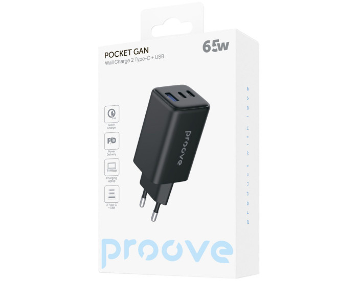 Сетевое зарядное устройство Proove Pocket GaN 65W (2Type-C + USB) черный