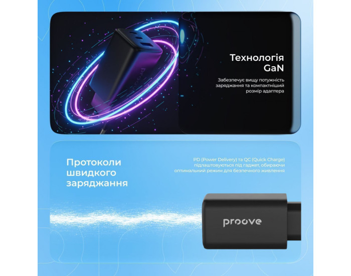Сетевое зарядное устройство Proove Pocket GaN 65W (2Type-C + USB) черный