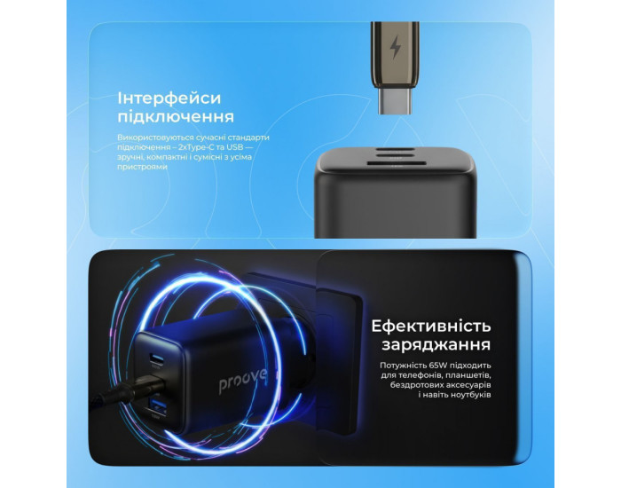 Сетевое зарядное устройство Proove Pocket GaN 65W (2Type-C + USB) черный
