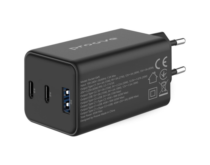 Сетевое зарядное устройство Proove Pocket GaN 65W (2Type-C + USB) черный