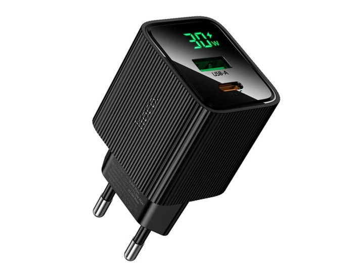 Мережеве зарядний пристрій Hoco CS84A with digital display (EU/USB-C+USB-A/PD30W/QC3.0) чорне