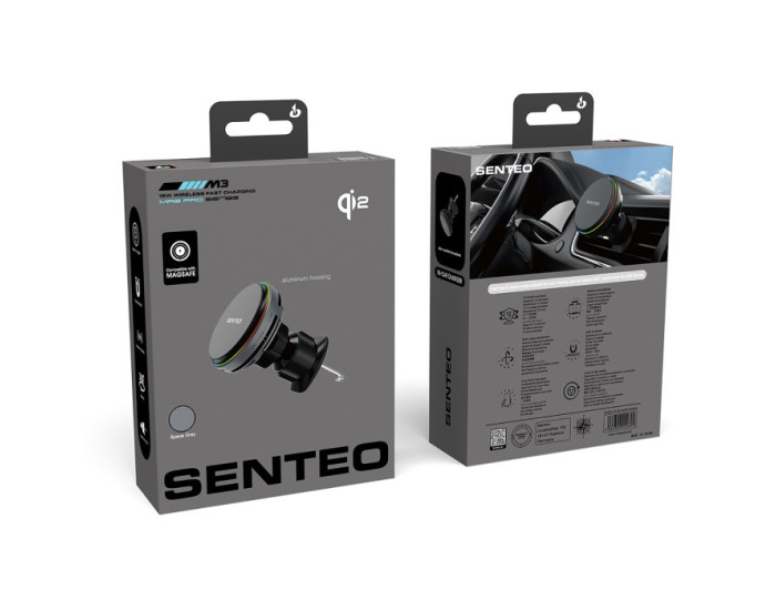 Автотримач з безпровідний зарядкою SENTEO M3 Qi2 magnetic wireless charging car holder 15W, Silver (в дефлектор)