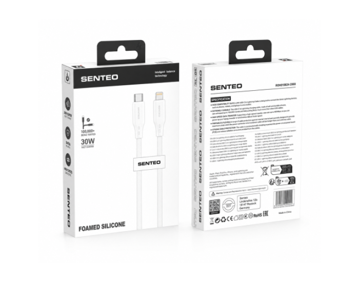 Кабель USB SENTEO SL-05 Foamed Silicone 30W Type-C to Lightning 1m, Білий