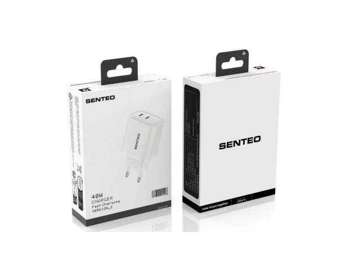 Мережеве зарядний пристрій SENTEO T-07 (version2) (2USB-C / PD / QC3.0 / 40W) (2Port) (white)