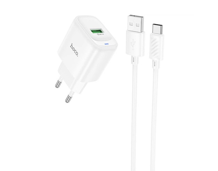Сетевое зарядное устройство Hoco C140A Smart single port 1USB (18W/QC3.0) с кабелем Type-C, белое