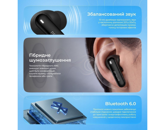 Беспроводные наушники Bluetooth Proove Blitz II TWS with Hybrid ANC (APP) черные