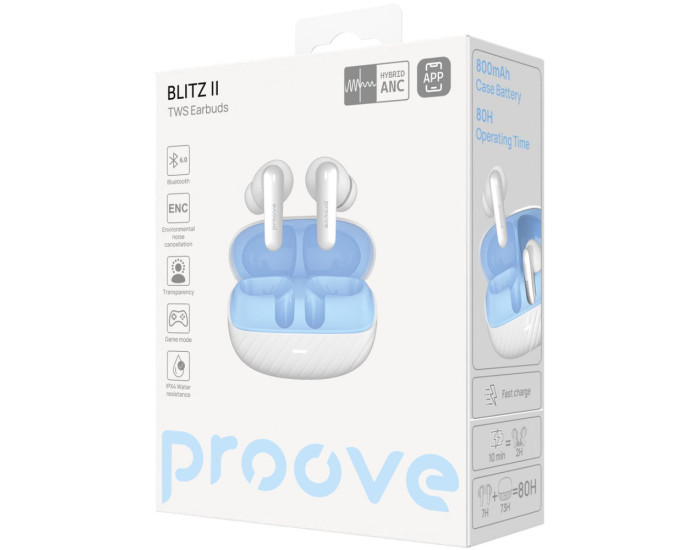 Беспроводные наушники Bluetooth Proove Blitz II TWS with Hybrid ANC (APP) белые