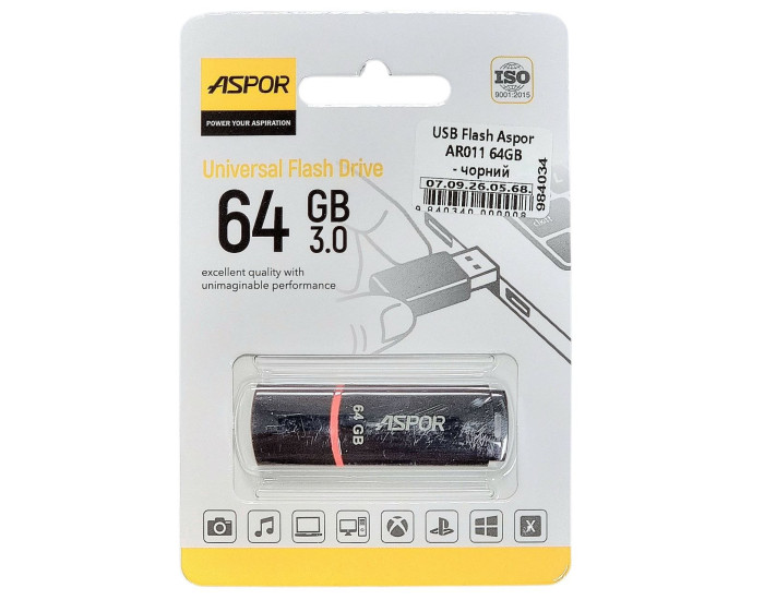 Флешка USB 3.0 Aspor 64GB AR011, чорна