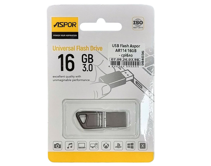 Флешка USB 3.0 Aspor 16GB AR114, срібляста