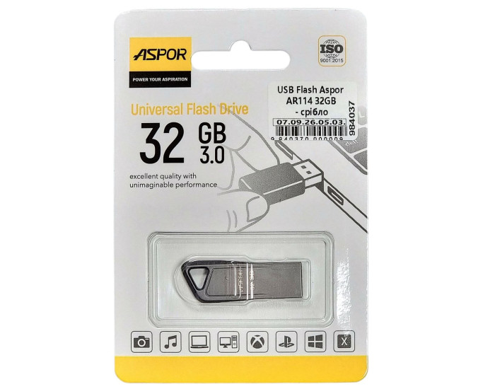 Флешка USB 3.0 Aspor 32GB AR114, срібляста