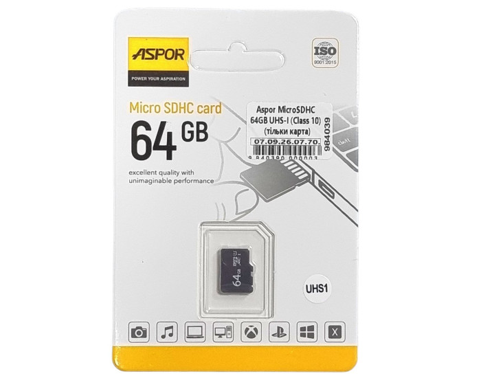 Карта пам'яті Aspor MicroSDHC 64GB UHS-I (Class 10) (тільки карта)