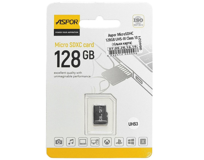 Карта пам'яті Aspor MicroSDHC 128GB UHS-III (Class 10) (тільки карта)