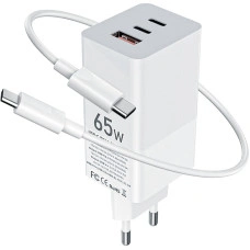 Мережеве зарядний пристрій 2Type-C+1 USB Gelius Nimble GaN 65W (GP-HC051) з кабелем Type-C to Type-C White