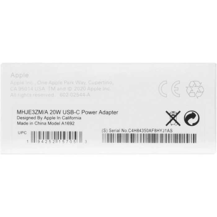 Мережеве зарядний пристрій 99% Original Charger Type-C 20W (MU7V2ZM/A) ( box) (Білий / White)