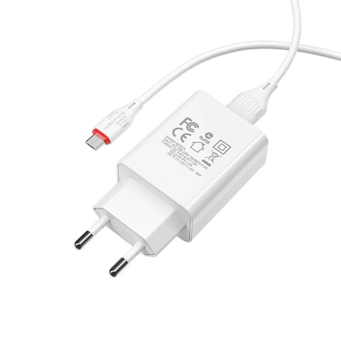 Мережеве зарядний пристрій Borofone BA21A Long (QC3.0 1USB/3A/18W) з кабелем Micro White