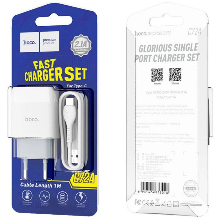 Мережеве зарядний пристрій Hoco C72A 1USB QC 3.0 з кабелем Type-C USB (2.1A) (Білий / White)