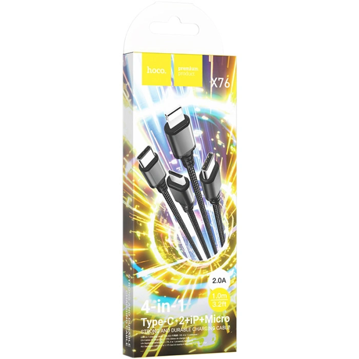 Кабель USB Hoco X76 4in1 Super Charging Cable (Type-C+Type-C+iPhone+Micro) 1m (Чорний \ Black)