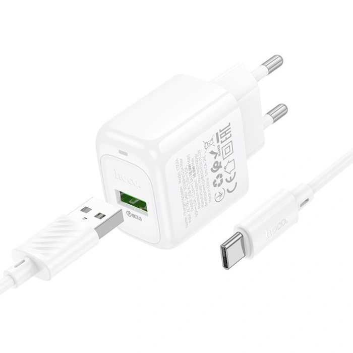 Мережеве зарядний пристрій Hoco CS52A Surplus QC3.0 (1USB-A) + Кабель Type-C, Білий