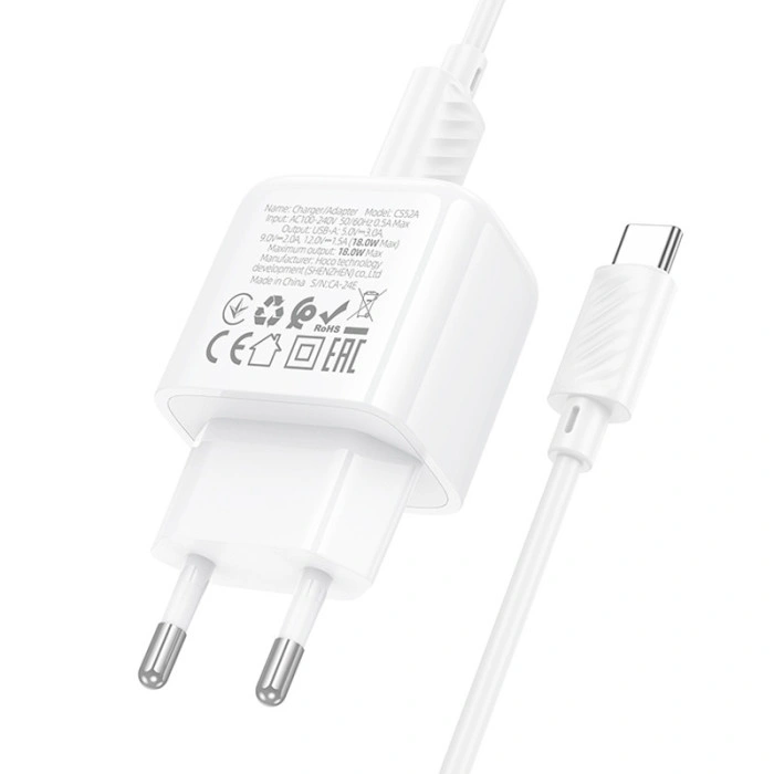 Мережеве зарядний пристрій Hoco CS52A Surplus QC3.0 (1USB-A) + Кабель Type-C, Білий